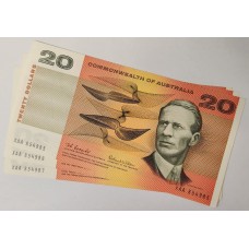 AUSTRALIA 1966 . TWENTY 20 DOLLARS BANKNOTES . COOMBS/WILSON . CONSEC TRIO . FIRST PREFIX XAA